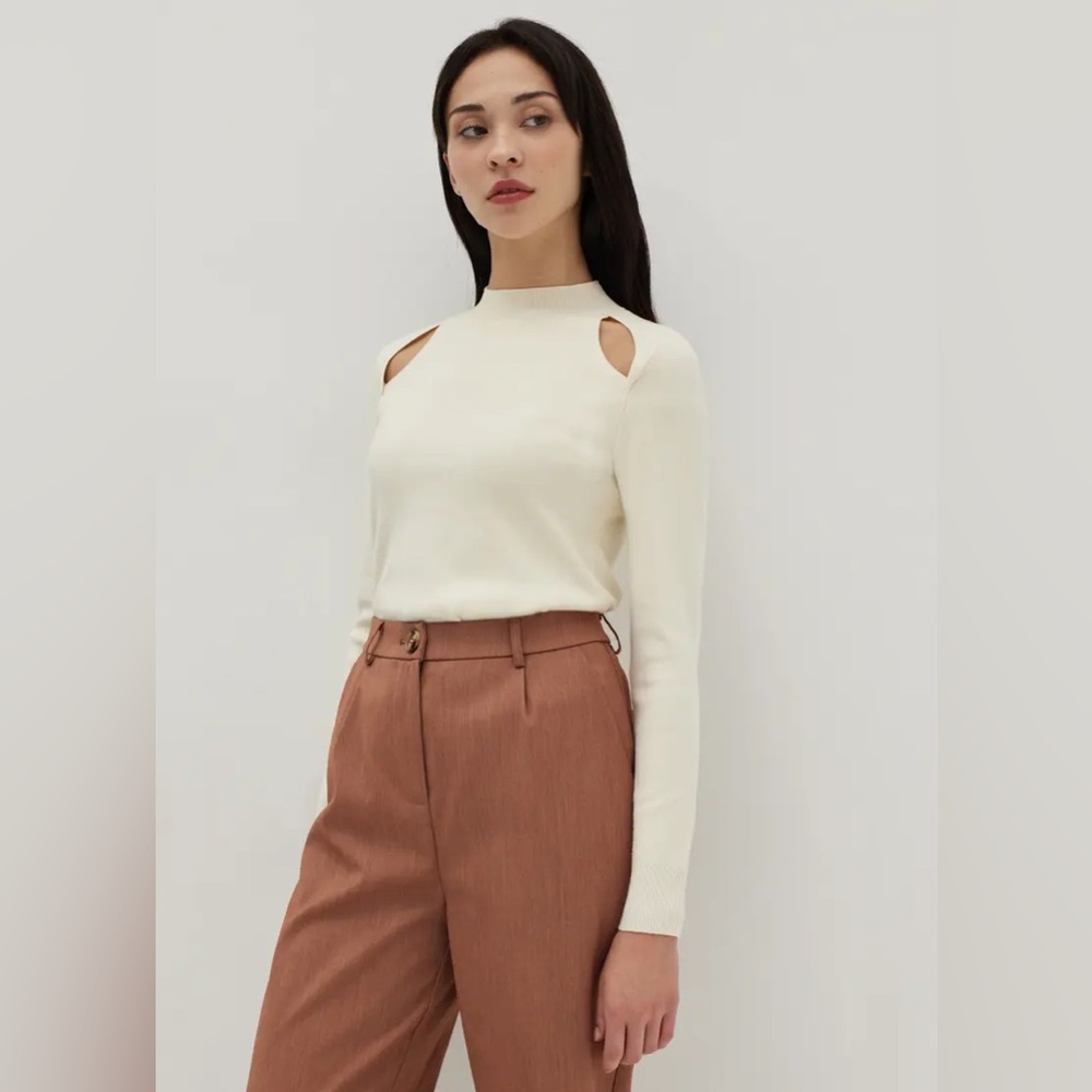 Cream Cutout Shoulder Long Sleeve Top